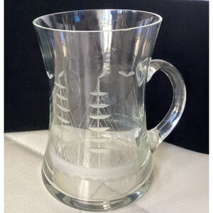 Beer Mug Stein Glass W/Etched Ship Large Bottom Great For Man Cave Nautical